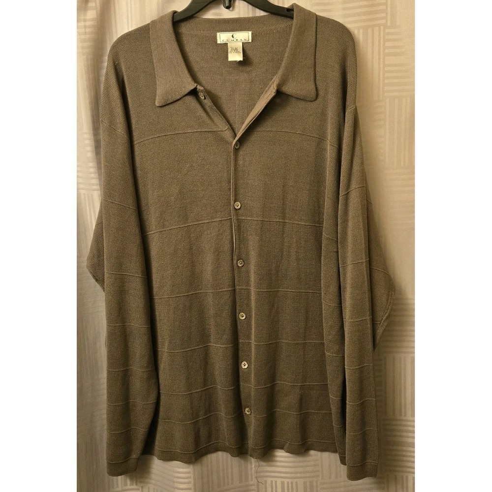 Cumran Mens Olive Green 100% Silk Cardigan Button-Up Sweater 2XL
